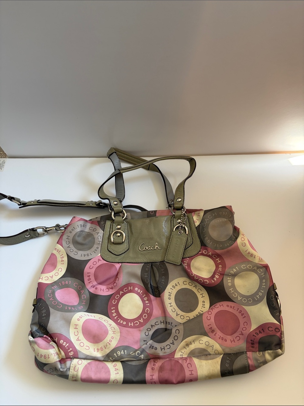 Coach Pink, Gray & Cream Signature Circle Tote